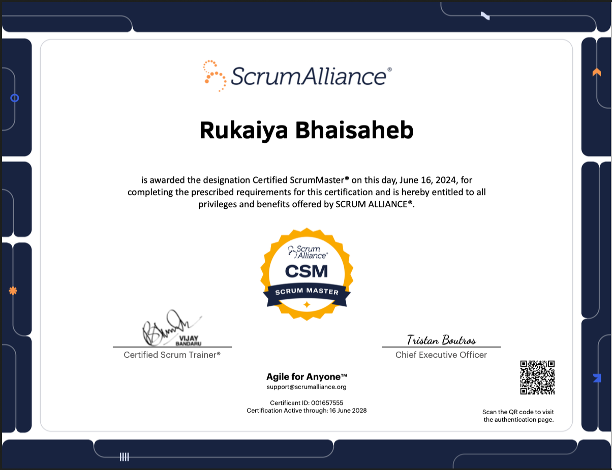 CSM certification certificate from Scrum Alliance for Rukaiya Bhaisaheb