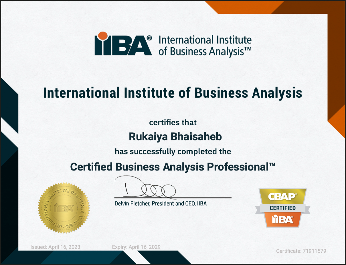 CBAP certification certificate from IIBA for Rukaiya Bhaisaheb